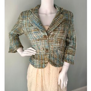 Vintage Y2k Dressbarn Blue and Brown Tweed Cropped Blazer Suit Jacket size Small
